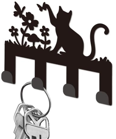DELORIGIN Cat Flowers Wall Mounted Key Holder with 4 Hooks | Mini Black Iron Key Hooks, Small Key Hangers, Key Rack, for Wall Front Door Hallway Entryway Decorative Handbags Pet Leashes