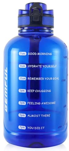 GEMFUL Botella de agua de 2 Litros con marcador de tiempo y asa - Sin BPA | a prueba de fugas Perfecta para deporte, yoga, fitness, oficina y viajes