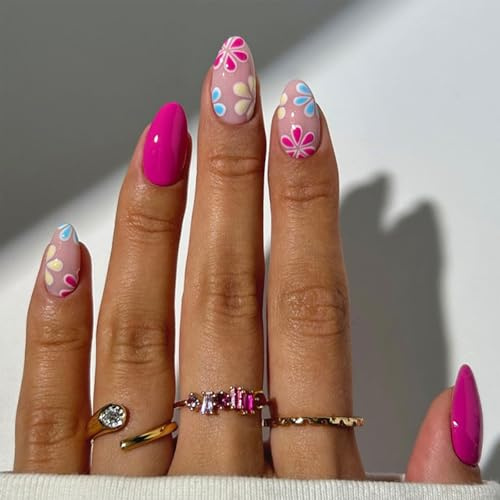 24pcs Almond False Nails - Hot Pink Press On Nails Short - Flower Design Rose Red Short Fake Nails - Soft Gel Oval Acrylic nails Press On - Full Cover Spring Summer Stick On nails For Women