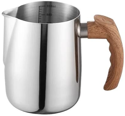 ZIHDKE Jarra Leche Barista Jarra de Espuma café con Leche de Acero Inoxidable con Mango de Madera a Escala, Boquilla de águila, Accesorios for café, Cocina y cafetería, 2 uds.(Silver)