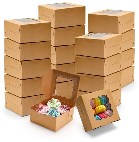 WENLISELL 30PCS Kraft Bakery Boxes with Window 6x6x2.5Inch Brown Cookie Box | Square Pastry Box Cupcake Box, For Cakes, Donuts, Pastries, Biscuits, Chocolates