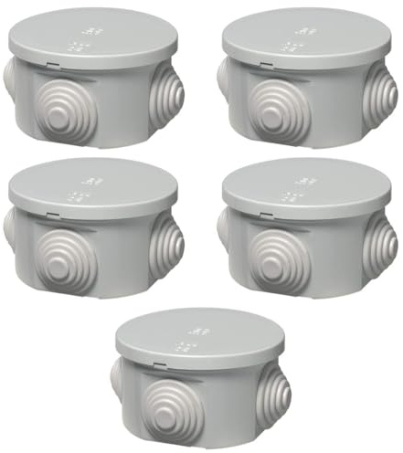 5 Cassette di derivazione, esterno IP44, rotonda ⌀ 65 x 35 mm, Scatola per cablaggio impianto elettrico, stagna, grigio, Passacavi per ingresso tubi rigidi, corrugati e guaine spiralate