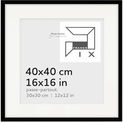 Pix FRAMES Bilderrahmen 40x40cm mit Passepartout - Schwarz | Holzbilderrahmen mit Plexiglas Scheiben - Bilderrahmen Holz zum Aufhängen - Wooden Picture Frame - Photo Frame zum Aufstellen