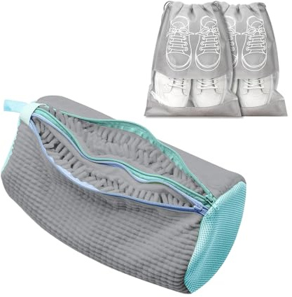 2 in 1 Schuhwaschbeutel Waschmaschine mit Doppel-Reißverschluss & Doppeltaschen - 360° Allround Reinigung, Wiederverwendbar Waschbeutel Schuhe für alle Schuharten und Größen - Grau inkl. 2 Staubbeutel