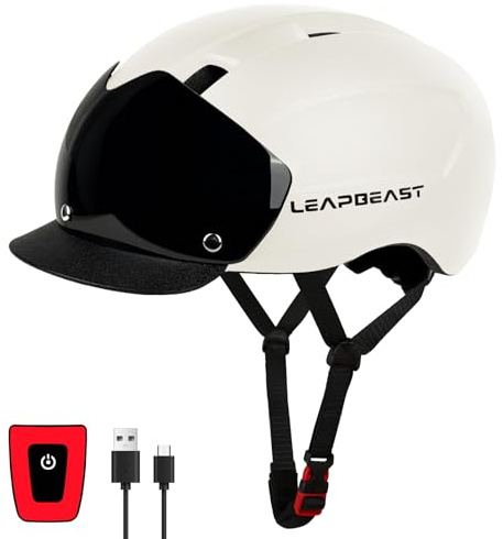 LeapBeast Casque Vélo Homme, Casque de Vélo Femme avec Visière Magnétique Amovible, Casque de Ville Urban avec Feu Arrière - Chargement USB - Hommes et Femmes (Beige, L(58-61cm))