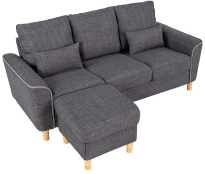 Hroth 3 Seater Sofas,Comfortable Fabric Sofa with Thick Cushions and 2 Pillows, Durable Couch for Living Room, Bedroom, Guest Room, Apartment, Self Assembly,Dark Grey