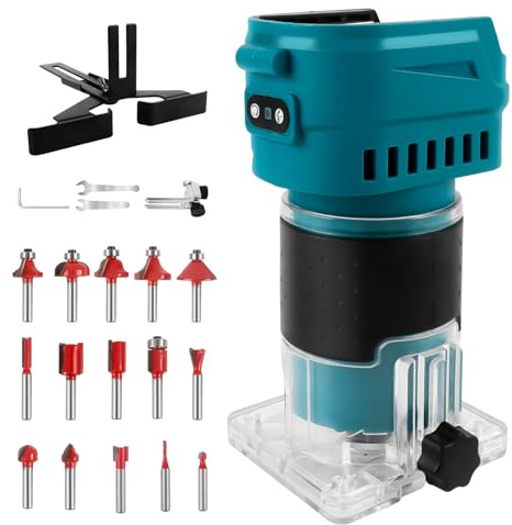 Cordless Palm Router Compatible with Makita 18V Battery, 30000RPM Brushless Woodworking Trimmer with 15 PCS 1/4 Router Bits 6-Speed Edge Laminator for DIY & Carpentry(No Battery)