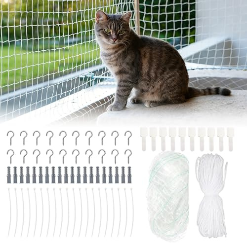 Katzennetz für Balkon, 8x3m Transparent Katzennetz Vogelschutznetz mit Haken, Kabelbinder, Befestigungsseil, Zuschneidbar Bissfest Wiederverwendbar, Geeignet für Balkone, Terrassen und Fenster
