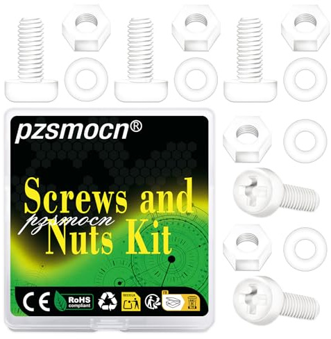 Pzsmocn 300 Stück/100 Sätze M4*20 mm Weiß Nylon Kunststoff Kreuzschlitz Rundkopfschrauben-Sechskantmuttern mit Isolierscheibe Standardgröße, für Heimwerker und Elektronische Montage.