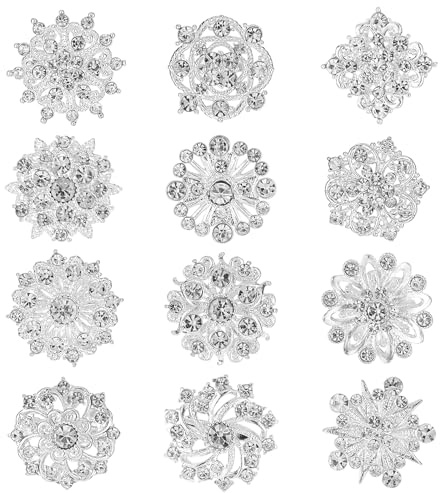 12 Pièces Kit de Broches en Strass Argentées Petites Broches en Argent avec Fleur en Cristal pour Réduire l'encolure Décoration de Costume de Noël pour Mariée, Demoiselle d'honneur, Robe de Corsage de