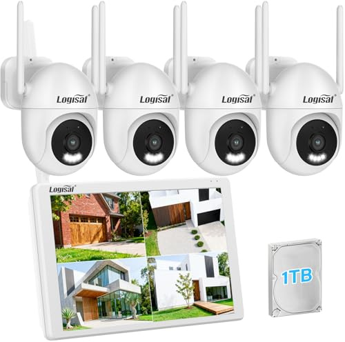 Logisaf PTZ Kit Cámaras de Vigilancia con 10'' Monitor, 10CH 5MP WiFi NVR, 4X Cámaras 360°, Grabación 24/7, Audio bidireccional, Visión Nocturna en Color, Detección de Personas, HDD de 1TB