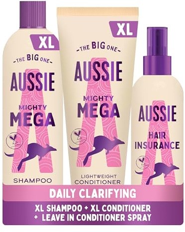 Aussie Bundle: Mighty Mega Shampoo 400ml and Lightweight Conditioner 275ml & Hair Insurance Detangling Leave-In Spray 250ml