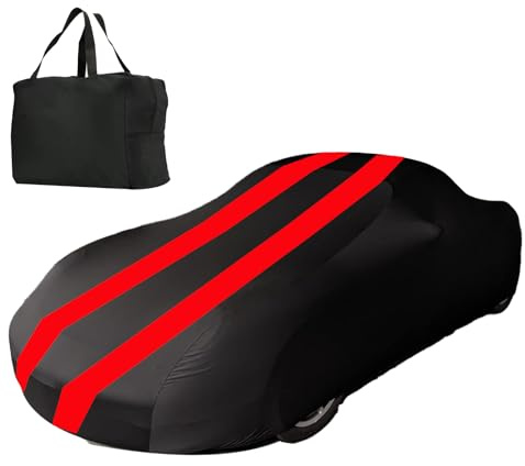 Autoabdeckung Indoor Stretch für 400-450cm Sportwagen Auto Abdeckplane Winter Staubdichte Autogarage Abdeckung Atmungsaktiv Tiefgaragen- und Autoshow-Geeignet (Schwarz + Rot)