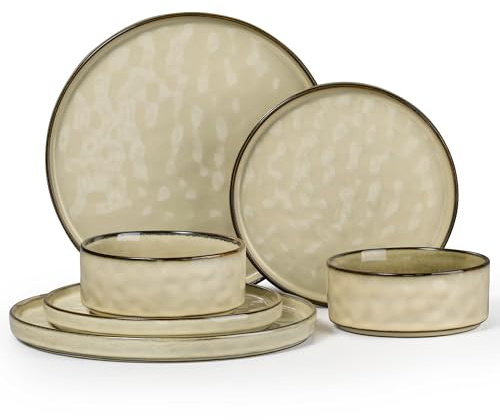Herogo Reactive Glaze Stoneware Dinner Set for 2 People, Sandy Beige | 6 Piece Elegant Dinnerware Plates and Bowls for Home Dining Party, Microwave and Dishwasher Safe, Chip and Scratch Resistant
