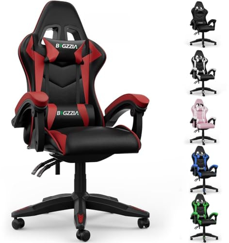 Bigzzia Gaming Stuhl, Gaming Chair mit Bluetooth-Lautsprechern Rot | Gaming Sessel mit Lendenkissen und Kopfstütze, höhenverstellbar, PC Stuhl für Erwachsene, Mädchen und Jungen, Computerstuhl