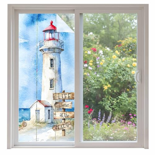 Nautical Blue Window Privacy Film, Lighthouse Ocean Sailboat Summer Painting Static Cling UV Sun Blocking Tint Film Heat Control Windows Films for Bedroom Bathroom, Window Stickers 35.4x78.7