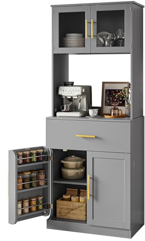 YITAHOME Küchenschrank 180cm Hochschrank mit Glastür Schublade Seitenregal | 5-Zonen Küchenschrank mit Seitentürregal (+30% Stauraum), Glastür-Vitrine, Mikrowellenregal, Schublade & verstellbaren Böden