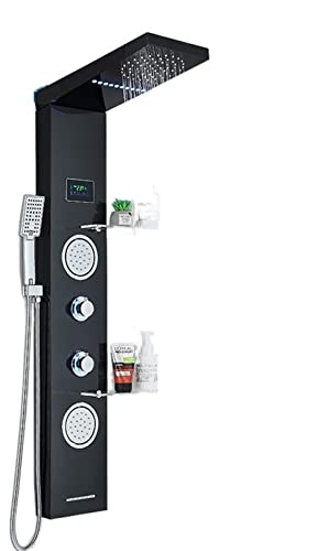 Digitalt duschsystem, LCD-duschkranset LED-duschpanel Badrum Digital display Multifunktionsduschpelarsystem SPA massagestråle med hylla LED-display duschkontroll(Black 6001)