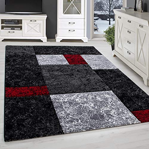 SIMPEX Teppich 120x170 cm Kurzflor Konturenschnitt in Schwarz Grau Rot Kariertes Design, Extra Weich, Waschbar, Pflegeleicht Für Wohnzimmer, Schlafzimmer, Esszimmer
