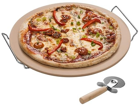Premier Housewares Pizza Stone and Cutter Set with Stoneware Board/Chrome Stand, Natural, 4 x 40 x 38 cm, Set of 2