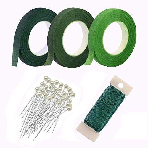 Woohome 5 Stück Blumen-Arrangement Tool Kit 22 Gauge Grün Floral Wire,1.25cm Flora Kreppband und Kugelkopf Pins für Blumen DIY, Wohnkultur, Hochzeitsdekor