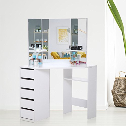Makika Coiffeuse Table de Maquillage Grand Commode de Maquillage de Coin avec Miroir 5 Tiroirs 140 x 110 x 54 cm Cassette à Tiroir - Elle