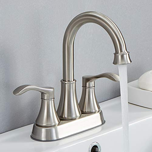 Lead-Free Commercial 2-Handle Brushed Nickel Bathroom Sink Faucet, 360° Swivel High-Arc Spout 4 Inch Centerset Lavatory Vanity Faucets Set for Bathroom Sink with Drain & Water Hoses, VLS10003BML-1