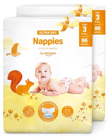By Amazon Pañales ultra-secos - Talla 3 (4-9 kg), Con canales, Bianco, 172 Unidad (2 Paquetes de 86) - Nueva versión (Anteriormente una marca Mama Bear brand, el mismo producto)
