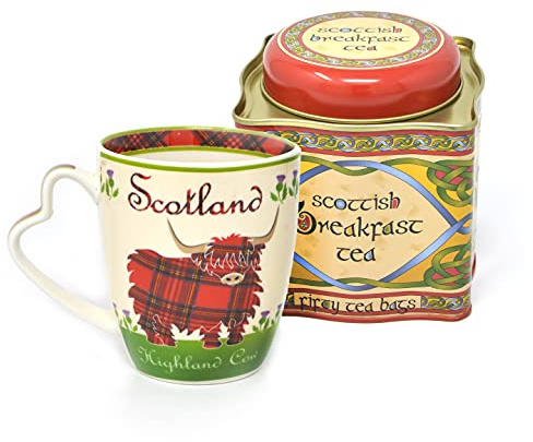 Royal Tara Scottish Highland Cow Ceramic Mug and Bone China Cups Scottish Breakfast Tea Tin Tea Bags Reusable Tin Holder Kitchenware Present Housewarming Gift