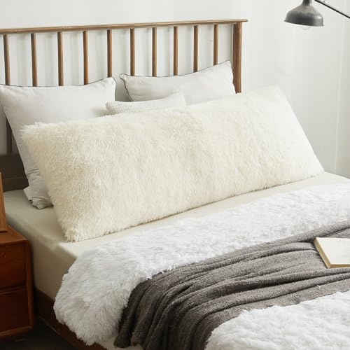 XeGe Long Decorative Fluffy Faux Fur Bolster Pillowcase, 4.6ft, Beige | Fuzzy Decorative Body Pillow Cover with Zipper, Plush Shaggy Standard Bolster Pillow Case for Pregnant Women Side Sleeper