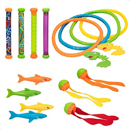 COLORBABY 49536, Set juguetes buceo 17 piezas, CB Toys, Juegos para bucear en el agua, Incluye 4 palos, 4 aros, 4 tiburones, 3 torpedos y 2 peces, Jugar en piscinas, Regalos y juguetes para niños