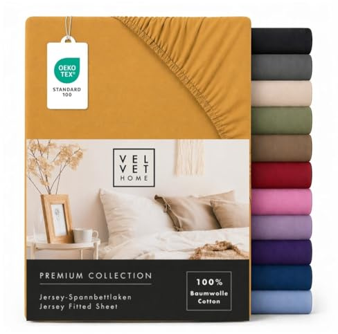 VelvetHome Lenzuolo con Angoli Matrimoniale 180x200 cm, 100% Cotone Pettinato, Jersey per Materassi fino a 25 cm, OEKO-TEX Elastico, Traspirante, Morbido, Colore Senape