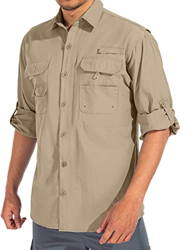 linlon Mens Safari Shirts Long Sleeve UV Protection Hiking Fishing UPF 50+ Quick Dry Cooling Camping Travel Shirts#5066-Khaki-L