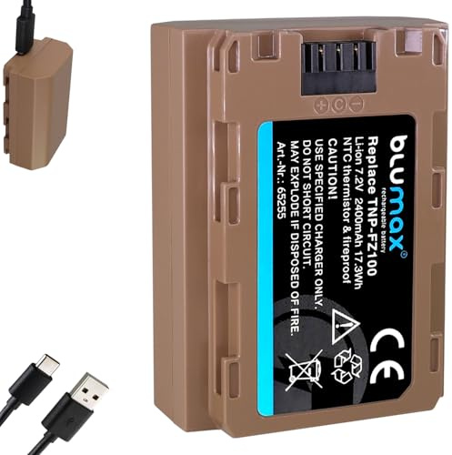 Blumax Akku kompatibel mit Sony NP-FZ100 |- 2400mAh mit USB Typ-C Ladebuchse - NTC-Sensor & V1-Gehäuse -| für Alpha 9 III A9 III / A7C A7 III - IV