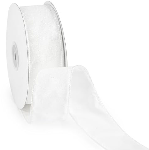 MAYREEL 1.5 Inch White Ribbon Wired Light White Glitter for Christmas Decorations Gift Wrapping Wreath Supplies Tree Toppers Crafts 10 Yards