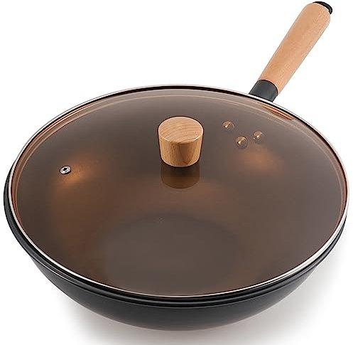 AZHANGYB Wok De Acero Al Carbono, Wok Chino Con Fondo Plano Pow Wok, Sarten Wok Antiadherente Aluminio Con Revestimiento Resistente