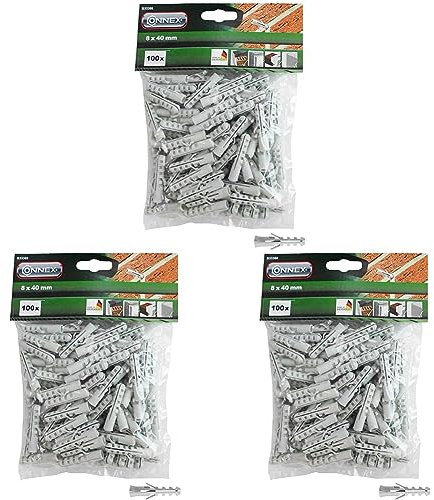 Connex Dübel Ø 8 mm - 100 Stück im praktischen Set - Polypropylen - Für einfache Befestigungsarbeiten in Vollstein & Beton/Dübel-Set/Universaldübel / B33388 Weiß (Packung mit 3)