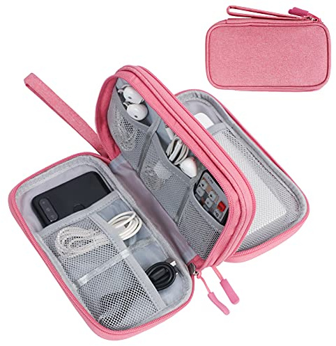 FYY Travel Cable Organiser, Electronics Accessories Bag, Waterproof Tech Storage Pouch, 2-Layer Universal Carry Case for Charger, Power Bank, USB Drive M-Pink