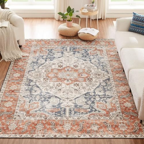 CHOSHOME Waschbarer Teppich Wohnzimmer 200x290CM Orange Vintage Kurzflor Mit Orient Design Groß Weiche Teppiche für Esszimmer Schlafzimmer rutschfest Boho Carpet