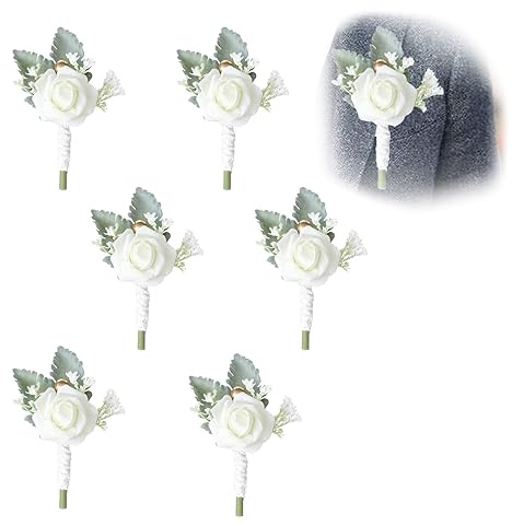 JAWAI 6 Stück Ansteckblume Hochzeit Boutonniere, Rose Boutonniere, Weiß Hochzeit Boutonniere, Convient Pour Les Mariages, Bals, Fiançailles, Anniversaires, Dîners Officiels et Autres Fêtes