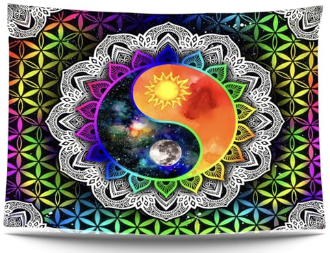 Ulticool – Mandala Yin Yang - Glow in the Dark Wandteppich - Schwarzlicht under UV Reaktive Bright Black Neon Light - Blacklight Psychedelisch im Dunkeln Leuchtende Wandtuch - 200 x 150 cm