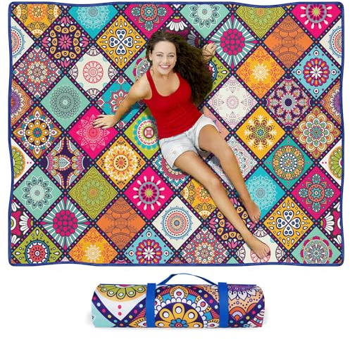 Fefede Waterproof Picnic Blankets Foldable & Portable 60''x80'' Boho Picnic Mat for Outdoors, Large Washable Picnic Blanket for Travel Camping Beach, Park Grass Picnic Blanket Accessories for Adults
