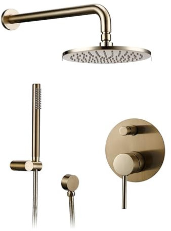 1-teiliges Duschsystem, Wandmontage, Badezimmer-Set, Badewannenarmatur, Messing-Umsteller, Mischbatterie, gebürstetes Gold, mit Regenfallkopf und Handgerät, 20,3–30,5 cm (Color : 2309-10 inch)