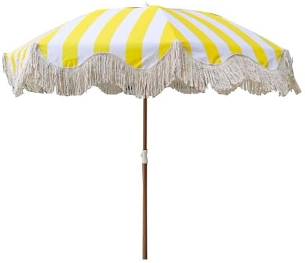 JEKKAH Ombrellone Da Spiaggia Con Nappe A Strisce Gialle E Bianche, Palo In Legno Da 200 Cm Ruotabile E Regolabile, Adatto For Luoghi Di Svago All'aperto Come Giardini E Piscine.
