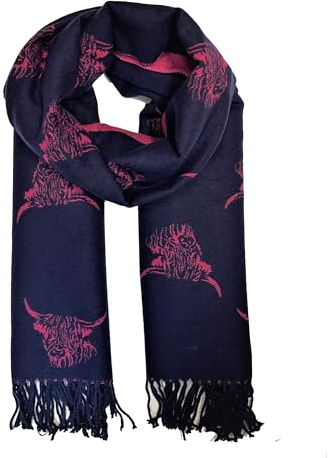 LilyRosa Women's Highland Cow Scarf Pink Black Cattle Coo Cashmere Blend Wrap… (Navy & Pink)