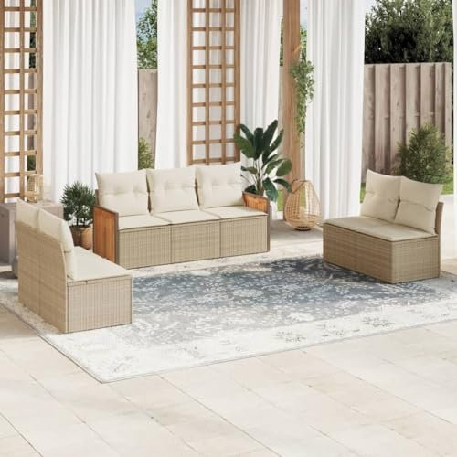 Rantry 7-TLG. Gartenmöbel Set mit Kissen Gartensofa Gartenlounge Balkonmöbel Loungesofa Modular Rattansofa Ecklounge Ecksofa Sitzgruppe Loungemöbel Sofagarnitur Beige Poly Rattan