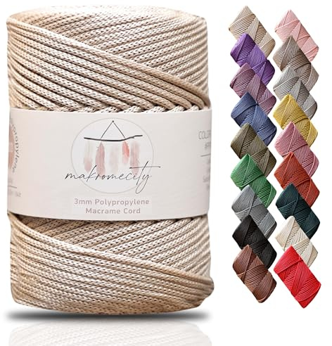 Makromecity, premium polyester makramé sladd 3 mm x 130 meter (40 fot) 3 mm polypropen latte makramé sladd virkad makramé väska sladd hantverk för vägghängningar, väskor, underplatta, matta ..