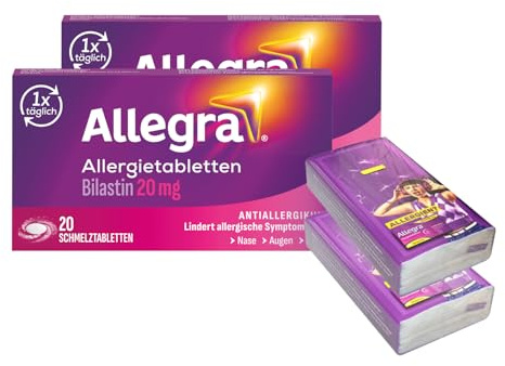 Allegra Allergie Tabletten| Schmelztabletten | 20 x 2 Stk mit 2 x Allegra Taschentücher | Antihistaminikum| Wirkstoff Bilastin | schnell und 24 Std wirksam bei Heuschnupfen, Tierhaarallergie