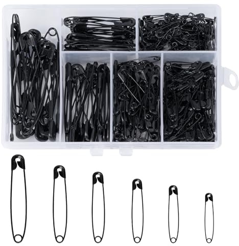 Kiperline 300 Stück Sicherheitsnadeln, 6 Größen 18mm - 53mm Rostbeständig, Haltbar Sicherheitsnadeln für Kleidung Kunsthandwerk Nähen - Aufgerüstet, Schwarz