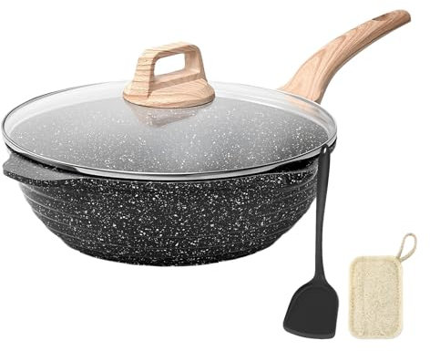 WXFKLDJ Schwarz,32cm, Frittierpfanne Mit Deckel, Antihaftbeschichtete Wokpfanne, Bratpfanne, Sauteuse, Kochpfannen Für Die Küche Mit Kühl Bleibendem Griff, Für Induktion Und Alle Herdplatten Geeignet